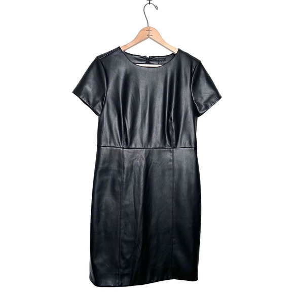 Ann Taylor | Black Short Sleeve Faux Leather Sheath Dress Size 12 Petite - Picture 1 of 5